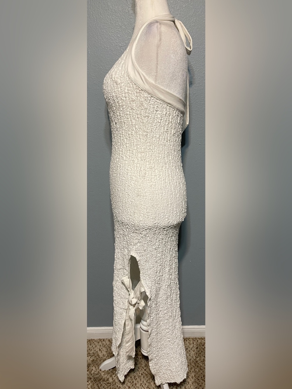 Free-Est Free People White Textured Halter Midi Dress Side Cutout Beach Boho XL - Picture 5 of 10